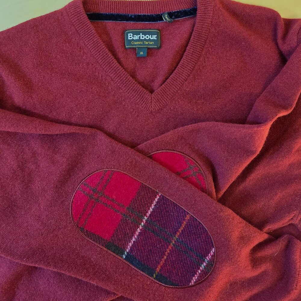 Barbour Classic Tartan Wool Cashmere plaid elbow pads Fired Brick Sweater XL